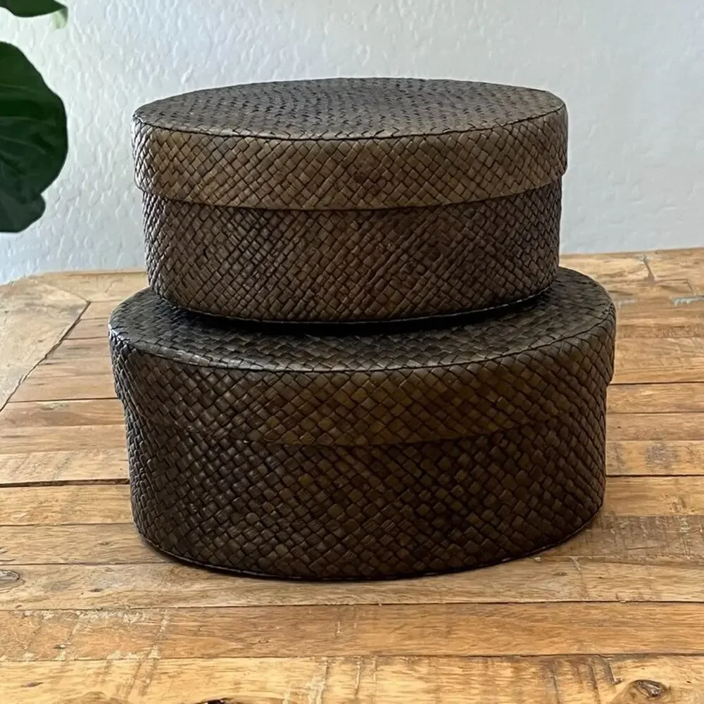 Wicker Lidded Storage Baskets (2) 8x3.5